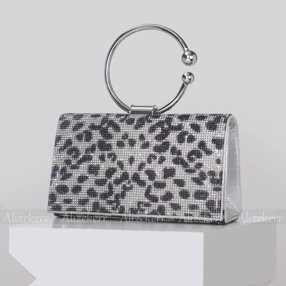 Metal Round Handle Rhinestone Evening Bag Women Luxury Designer Bling Crystal Leopard Pattern Clutch Purses And Handbags Wedding