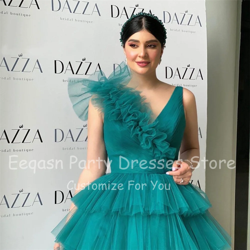 Eeqasn สาย Tiered Tulle ชุดราตรียาวซาอุดีอาระเบีย Ruffle V คอดูไบชุดราตรีจีบผู้หญิงชุดราตรีชุด2022