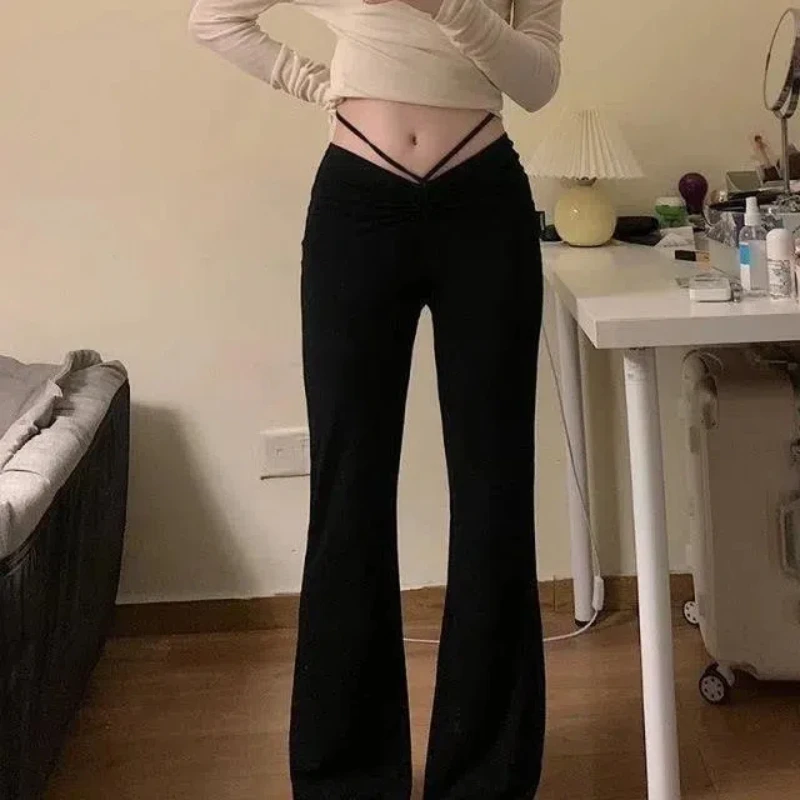 Spring and Autumn High-waist Design Drawstring Long Trousers for Women Slimming Draped Black Floor Wide-leg Bell-bottom Pants