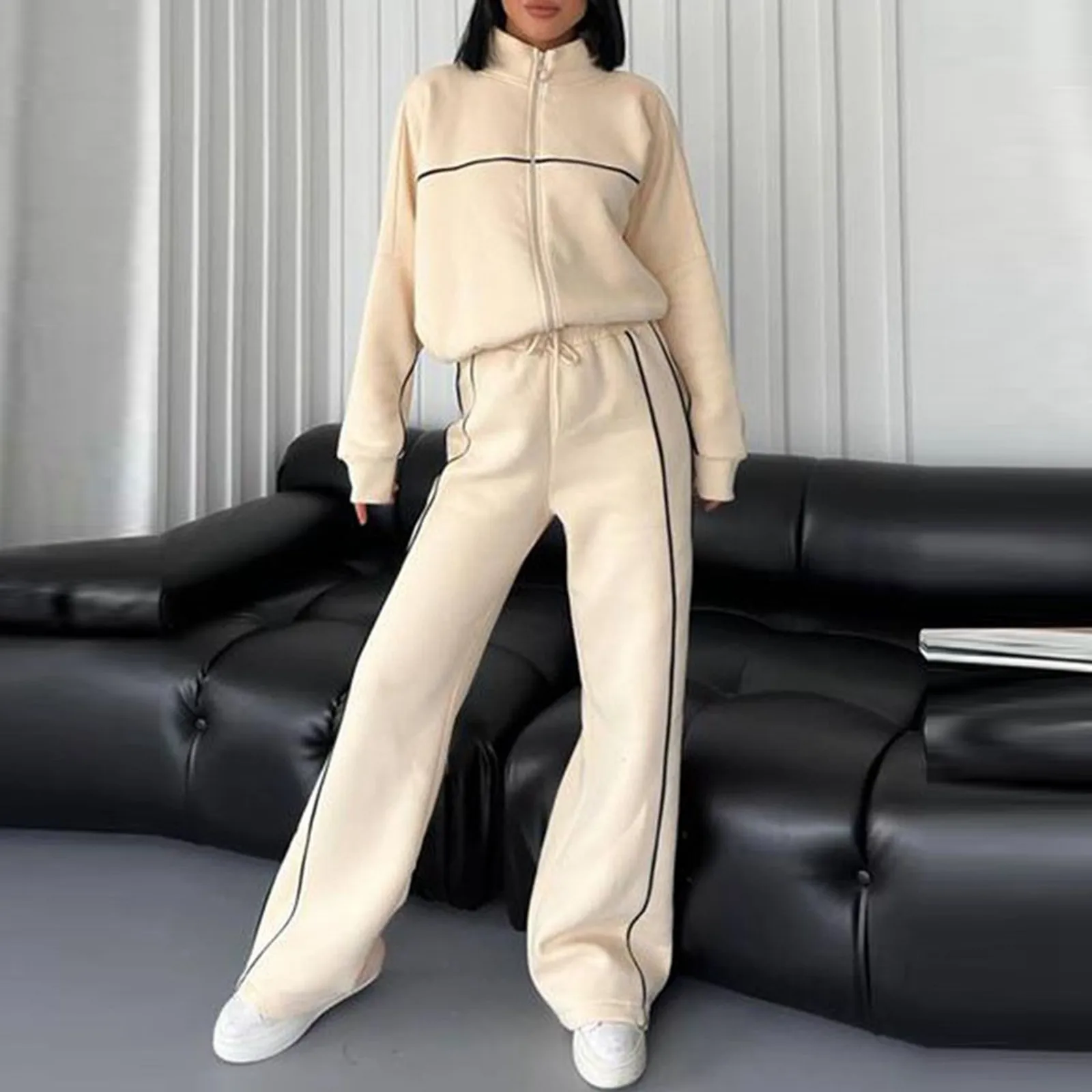 Sweatsuits For Women Autumn Winter 2 Piece Outfits Korean Trendy Standcollar Stripe Zipper Sweatshirt Jogger Pants With Pockets