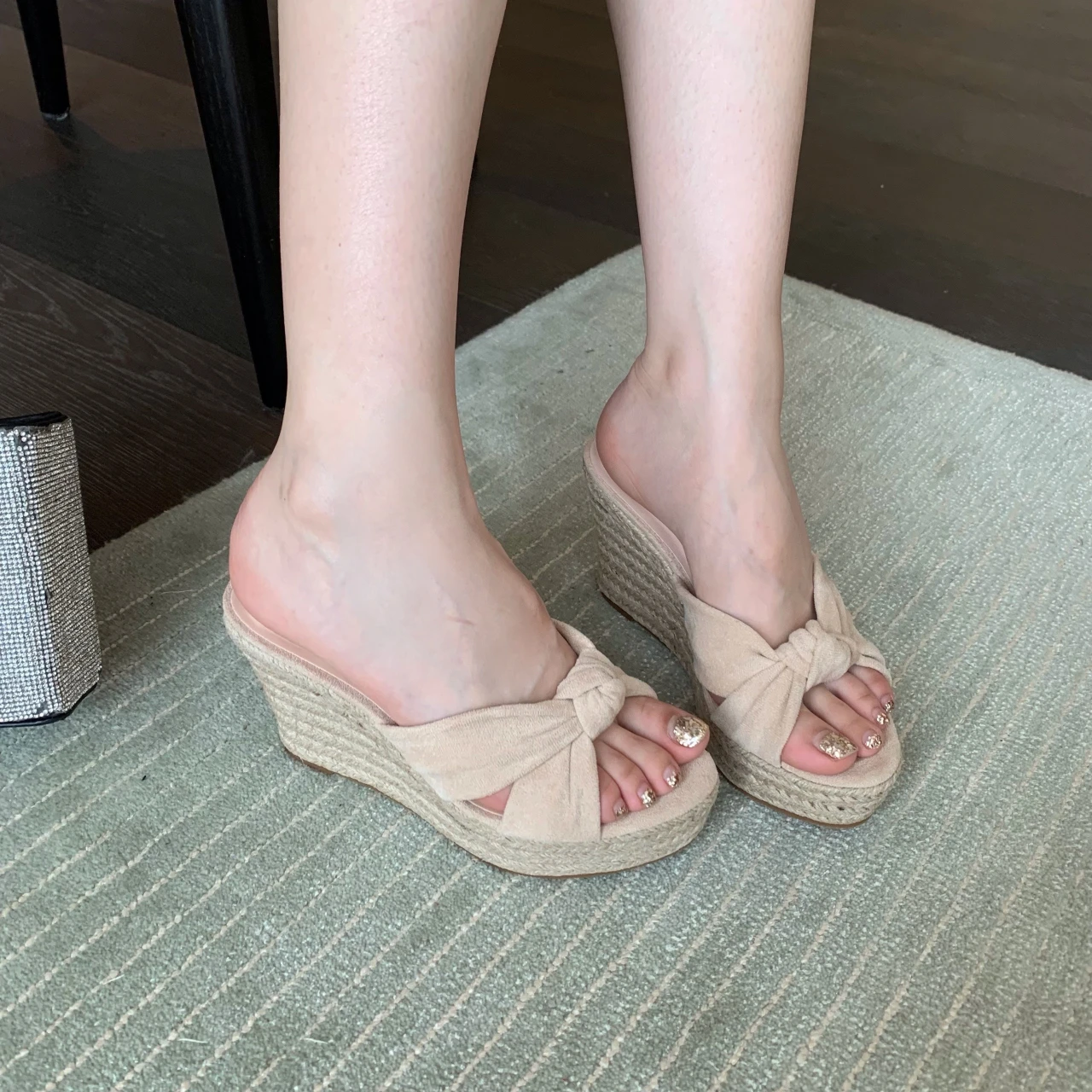 Damen-Sandalen mit dicker Sohle, braun, für den Sommer, Outdoor, römischer Stil, Strohgeflecht, Keilabsatz, lässige Plateau-Sandalen