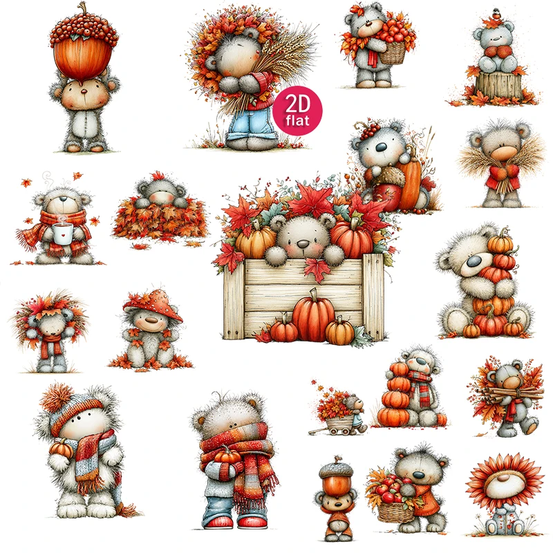 20pcs 2D Flat, Cute Cartoon Autumn Bear Stickers, Pumpkin Maple Leaf Decals, Suitable for diaries and DIY scrapbook stickers