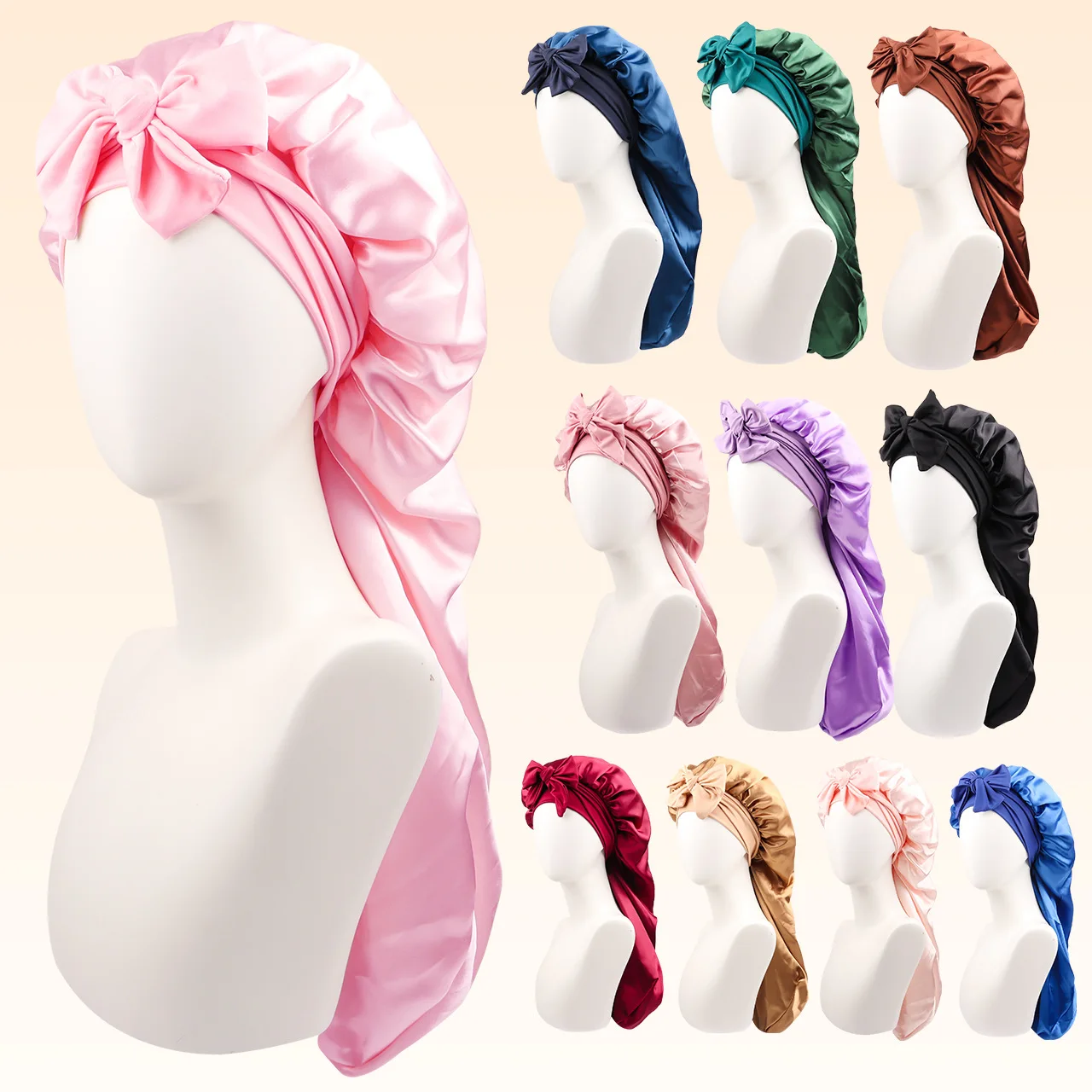 

3PCS Long Tube Satin Ribbon Sleep Cap Silk-like Elastic Wide Edge Night Hair Care Beauty Cap