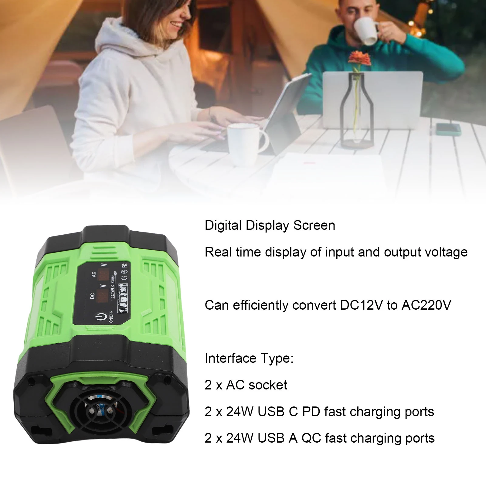 Przetwornica Samochodowa z Wieloma Ochronami, Inwerter Samochodowy 2xUSB C 2xUSB A, DC12V na AC220V 250W, Cyfrowy Wyświetlacz do Pojazdu