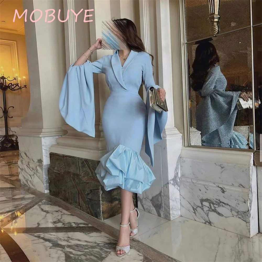 

MOBUYE 2024 Popular V Neckline Prom Dress Long Sleeves With Knee Length Evening Fashion Elegant Party Dress For Women