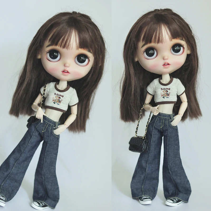 DLBell Round Neck Tight Shirts Crop Tops Short Sleeve T-shirt and Wide Leg Jeans Streetwear for Blythe Azone OB24 Doll Clothes