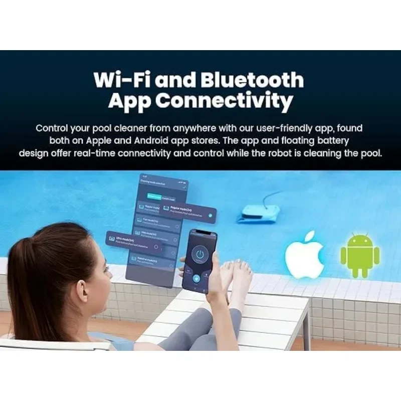 Limpador de Piscina Robótico Sem Fio, Robô Alimentado por Bateria, Smart WiFi e Bluetooth App Control, Todos os Tipos