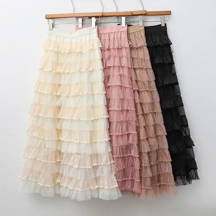 

Autumn and Winter New High-waisted A Line Long Fairy Cake Skirt French Design Mesh Fluffy Maxi Skirt Women Faldas Largas