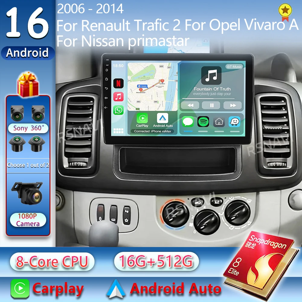 Android 16 Para Renault Trafic 2 Para Opel Vivaro A Para Nissan Primastar 2006 - 2014 2K QLED Rádio Automotivo Multimídia Reprodutor de Vídeo GPS