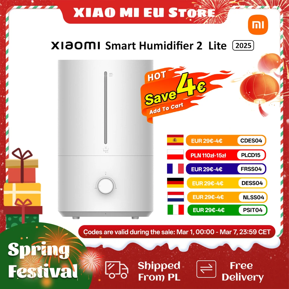 XIAOMI Luftbefeuchter 2 Lite Luftbefeuchter mit Befeuchtung 300 ml/h, Wassertank mit 99,9 % antibakterieller Wirkungsgrad, 4 l Fassungsvermögen