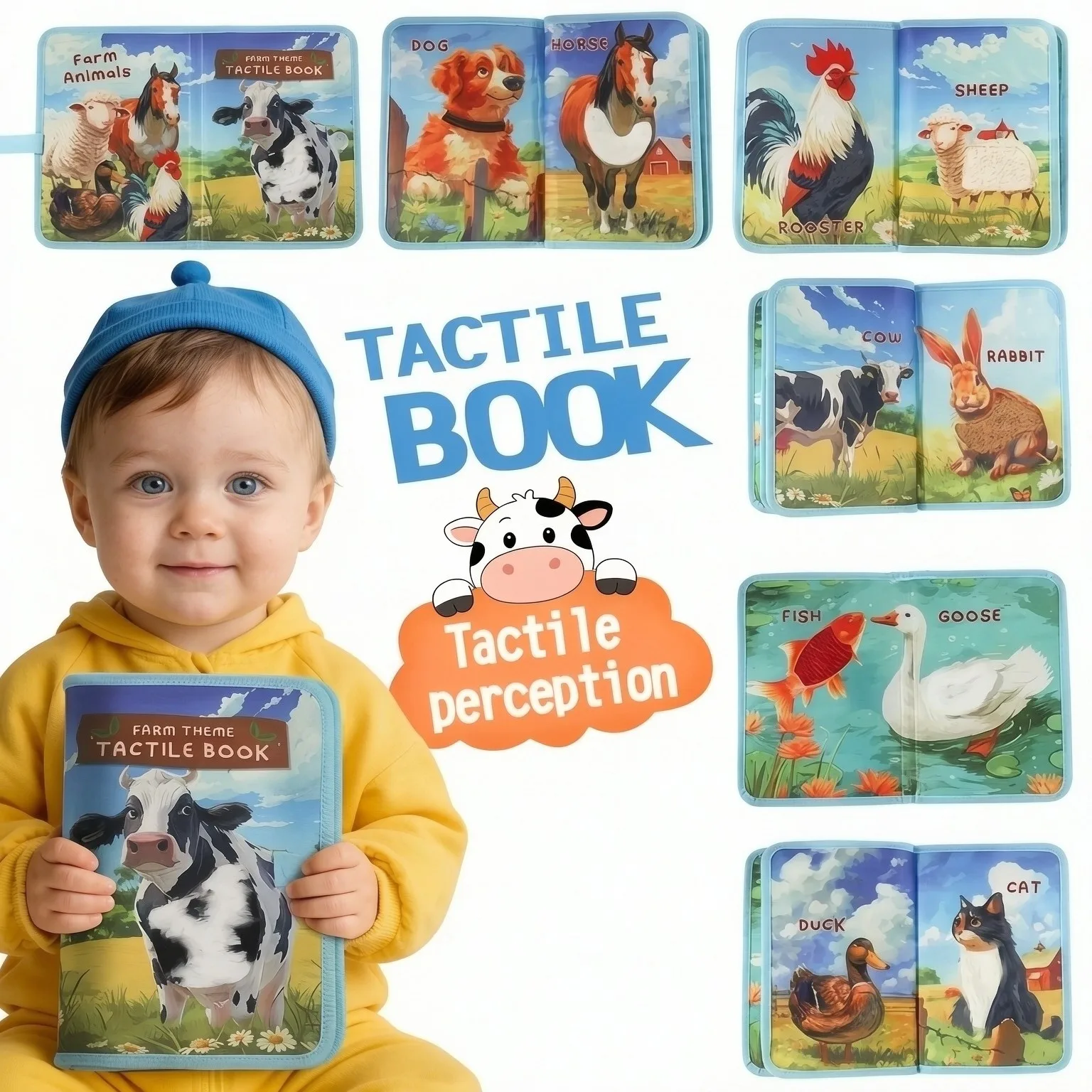 1Pc Farm Animal Sensory Cloth Book, 3D Textured Touch Book, Early Learning Picture Book for Babies, Great Easter Gift