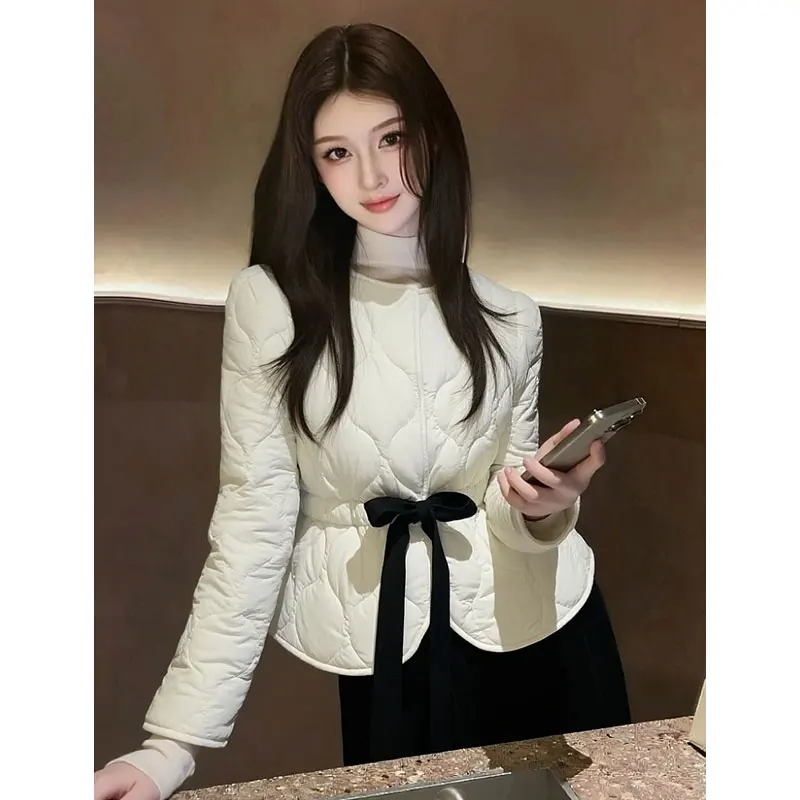 French Office Trendy Women Slim Fit Quilted Jacket Cream White Cropped Coat with Black Bow Belt Elegant Waist-Cinching Outerwear