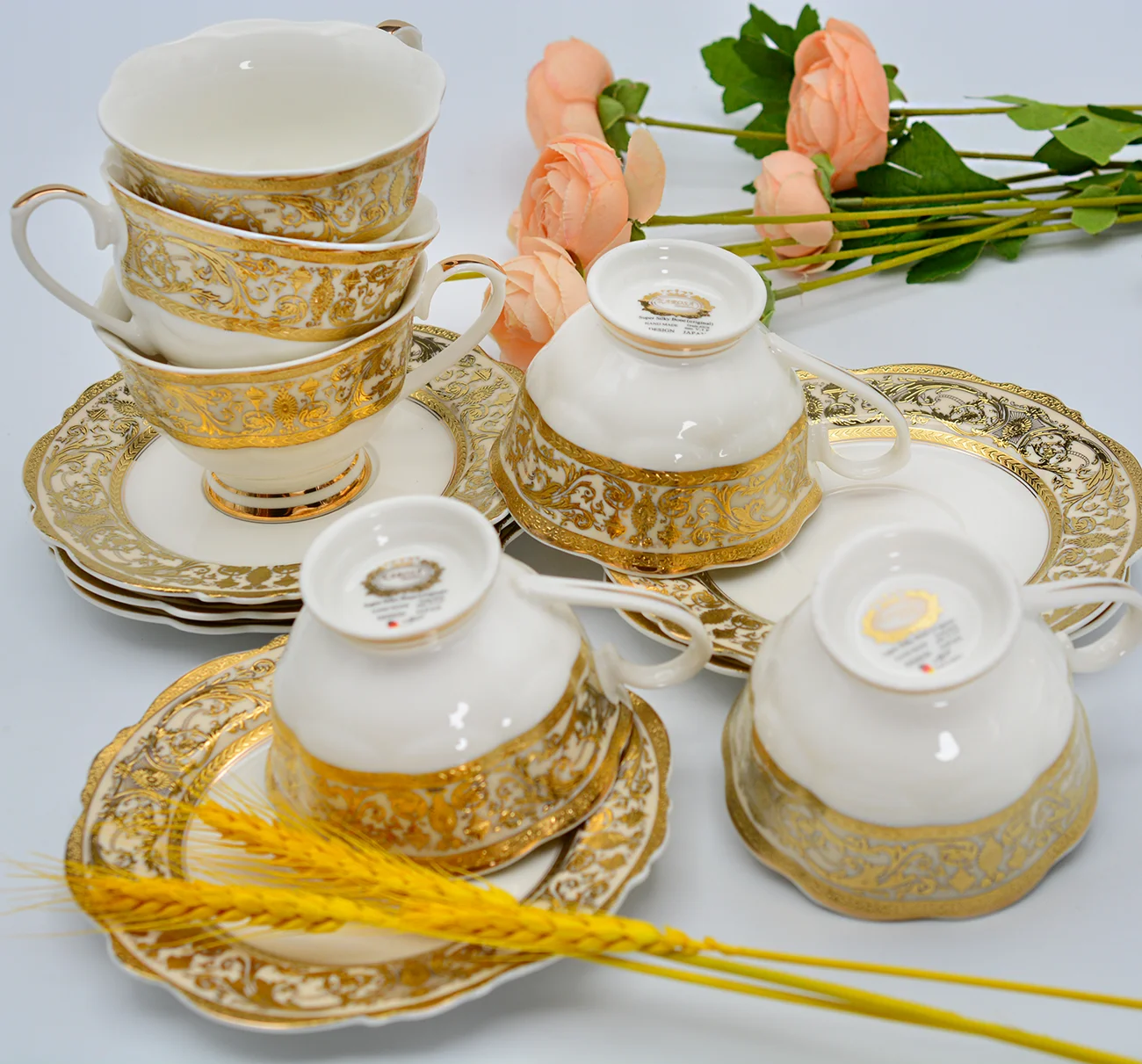 

12pcs Embossed luxury gold bone china 200cc coffee tea cup with saucer set