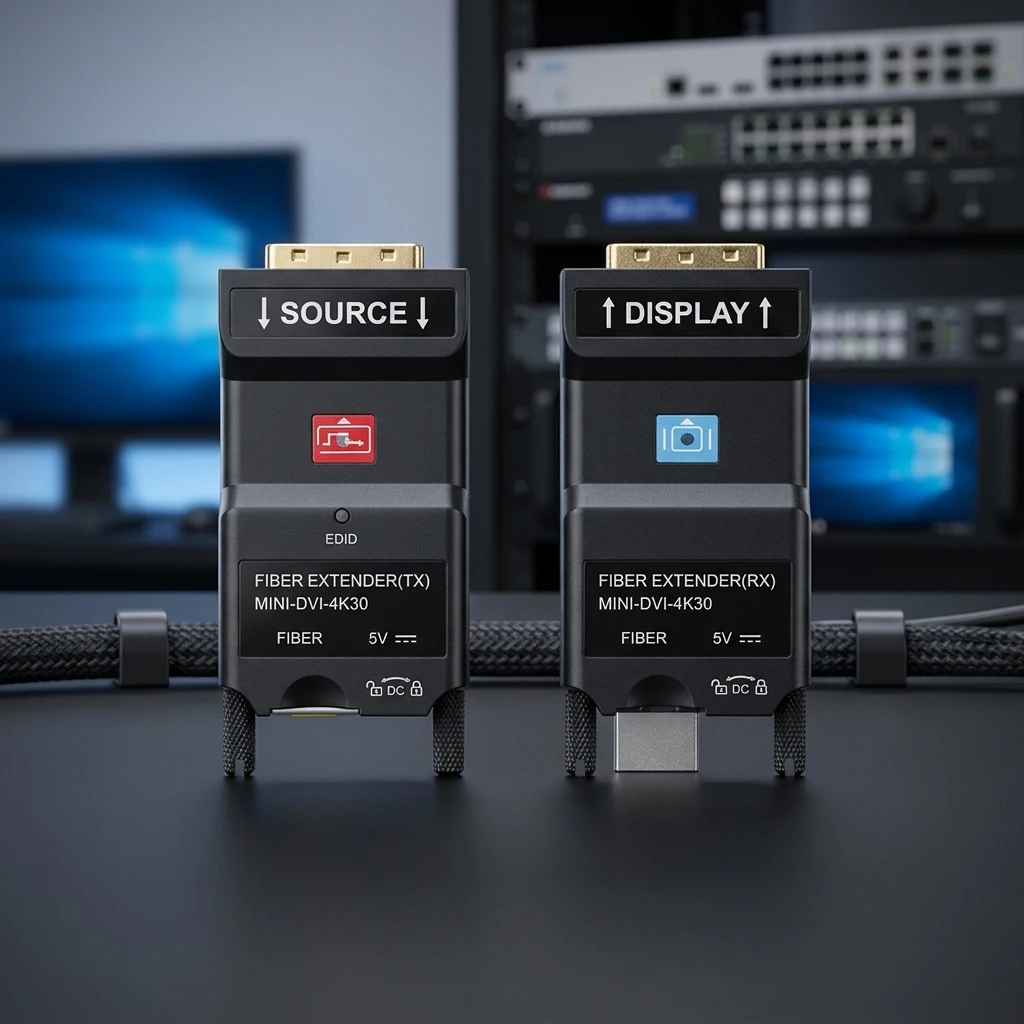 Миниатюрный 4K30Гц 1-канальный DVI-видеоконвертер-удлинитель (передатчик-приемник) по оптоволокну LC на 2 км