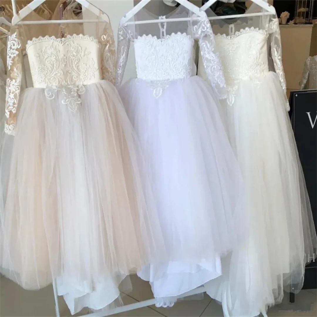 성찬식 드레스 긴 소매 흰색 아이보리 꽃 소녀 드레스 결혼식 손님 어린이 키즈 신부 들러리 레이스 꽃무늬 튤 스커트 볼