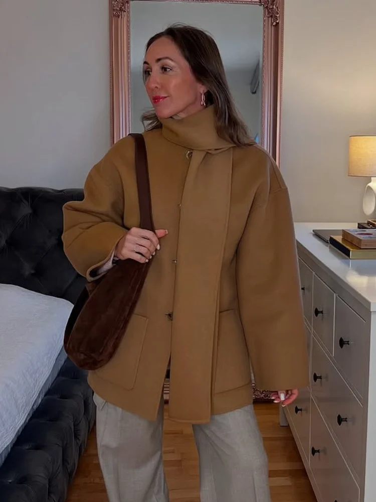 

Элегантные однотонные шерстяные пальто, осенняя новая женская шерстяная куртка с шарфом, модные карманы, однобортная женская верхняя одежда, уличная одежда