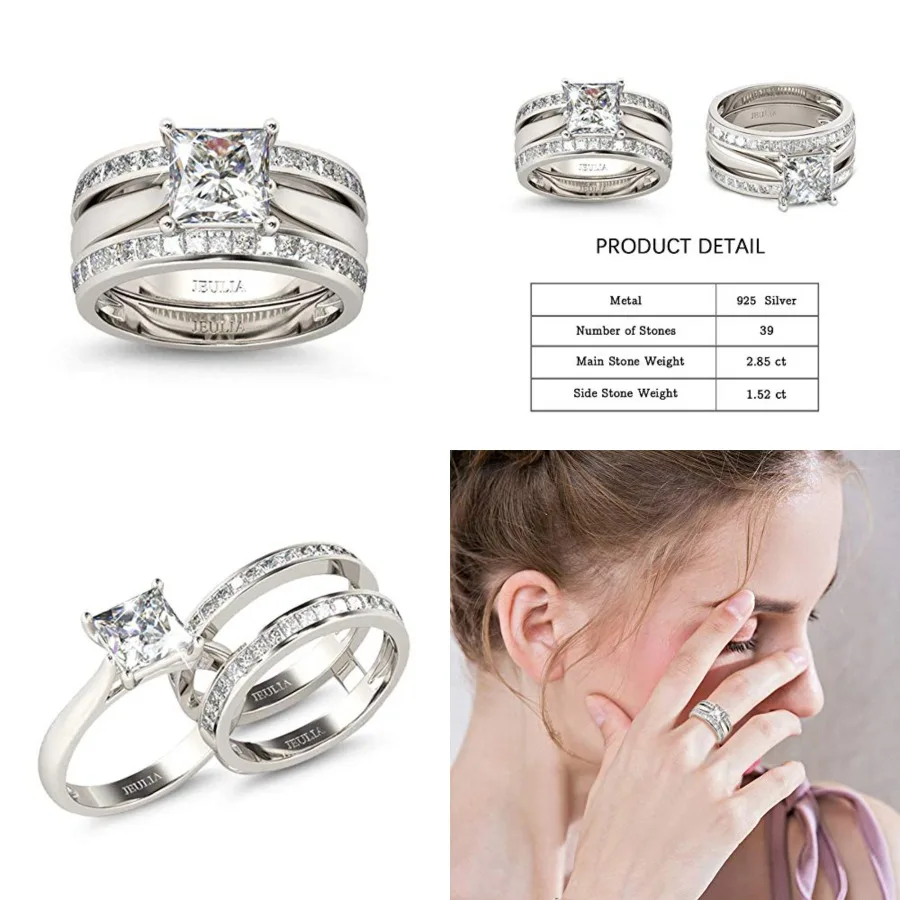 4.3 Carat Engraved Pricess Cut Cubic Zirconia Engagement Ring Diamond Wedding Bands for Women CZ Solitaire Sterling Silver Anni