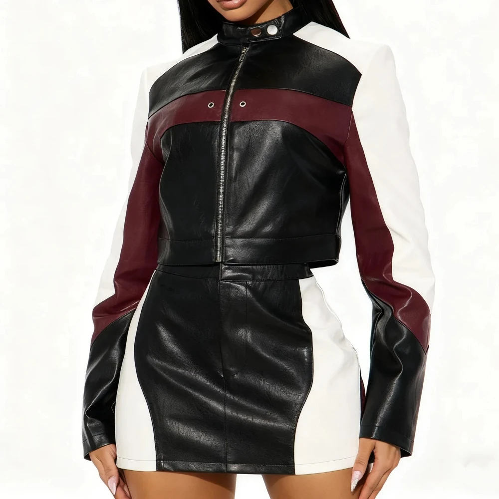 Lederjacke Kleid Zweiteilige Rock Sets 2026 Frauen Winter Luxus Y2K Streetwear Herbst Sexy Elegante 2-teilige Sets Frau Outfit