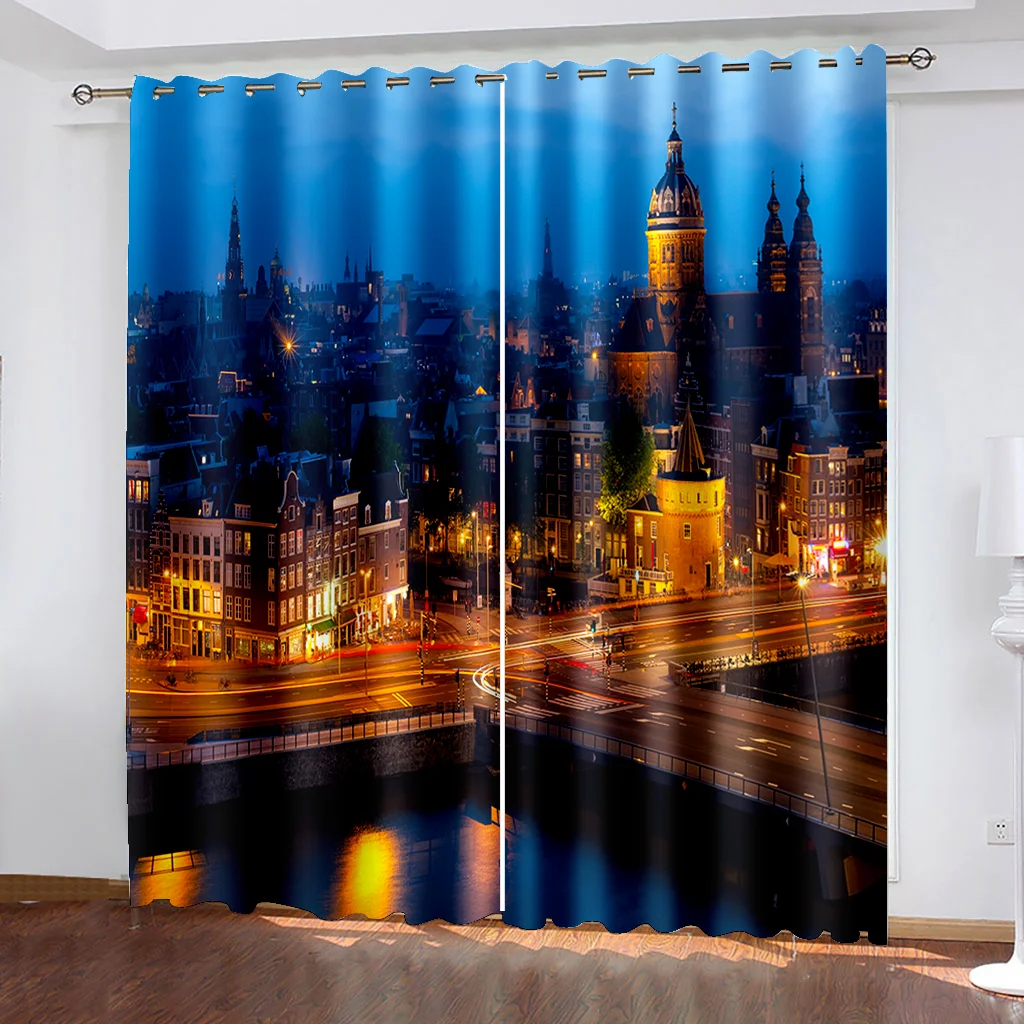 3D Modern Cheap Black Night View of Modern City Window Curtain Shading Polyester Bedroom Living Room Hook Grommet Decorative