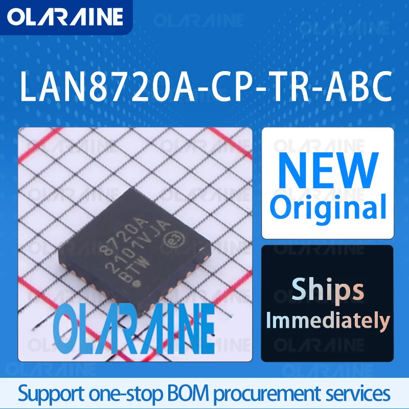 

5/10/100Pccs LAN8720A-CP-TR-ABC QFN-24 original ic chip Ethernet ICs RoHS 1 Transceiver Data rates10Mb/s, 100 Mb/s Voltage 1.2 V