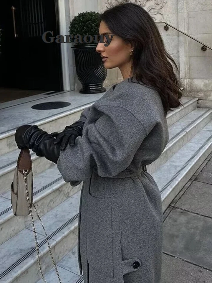 Garaouy Grey Long Woolen Coats Women Fashion Elegant Female Winter Vintage Lace-Up Overcoat High Street Chic Jacket Outweater