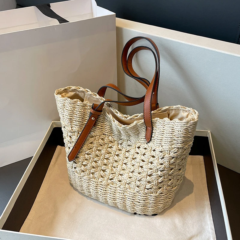 

2025 Summer Handwoven Straw Beach Tote Bags for Women Vintage Hollow Out Handbag Basket Rattan Vacation Shoulder Bag