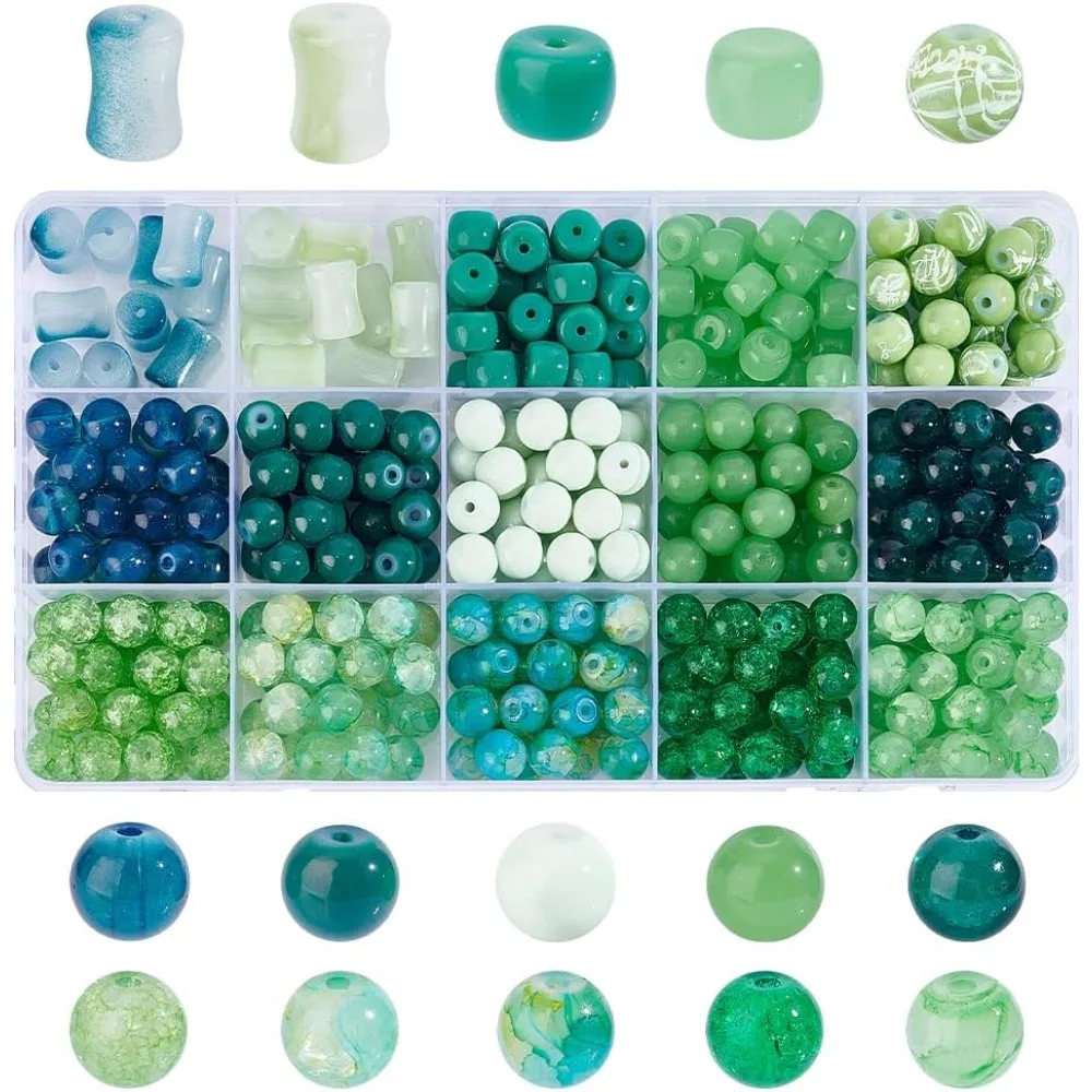 370pcs Green Glass Beads 15 Styles 8mm Beads Tube Craft Loose Bead for Saint Patrick Day Spring Home Decor DIY Earring