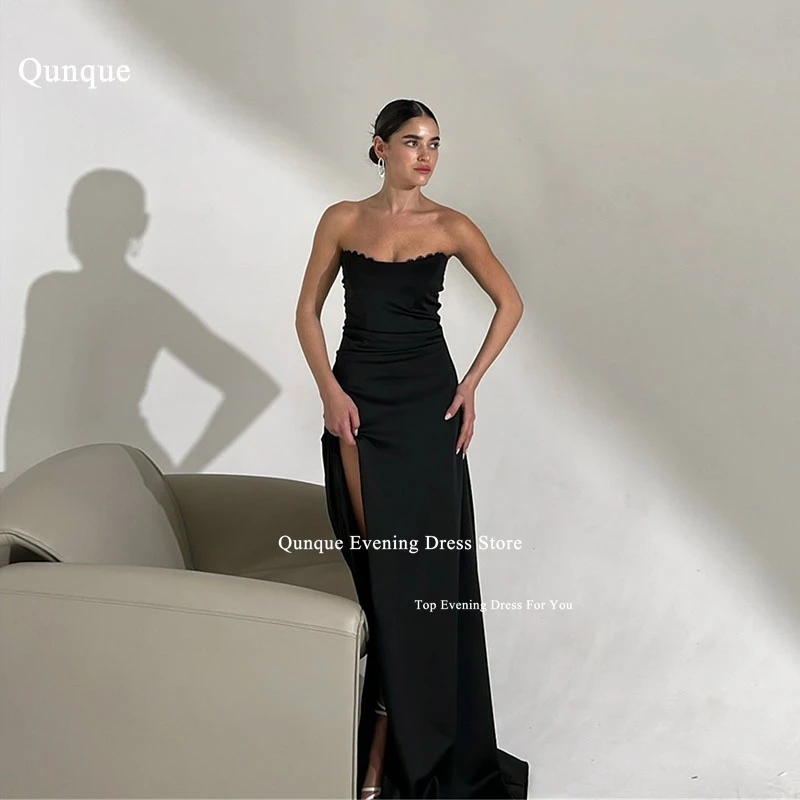 

Qunque Strapless Satin Pleated Off-Shoulder Simple Evening Dress Sexy Side Split Mermaid Prom Gowns Robe De Mariée Customized