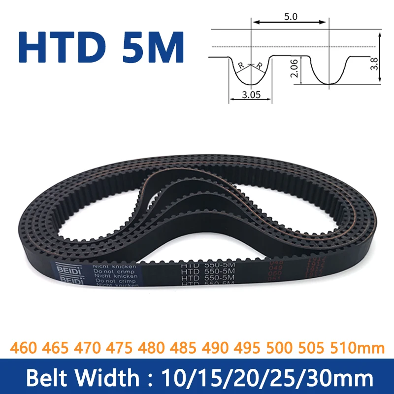 Correa de distribución HTD 5M, 460, 465, 470, 475, 480, 485, 490, 495, 500, 505mm de ancho, 10, 15, 20, 25, 30mm de goma, 1 unidad