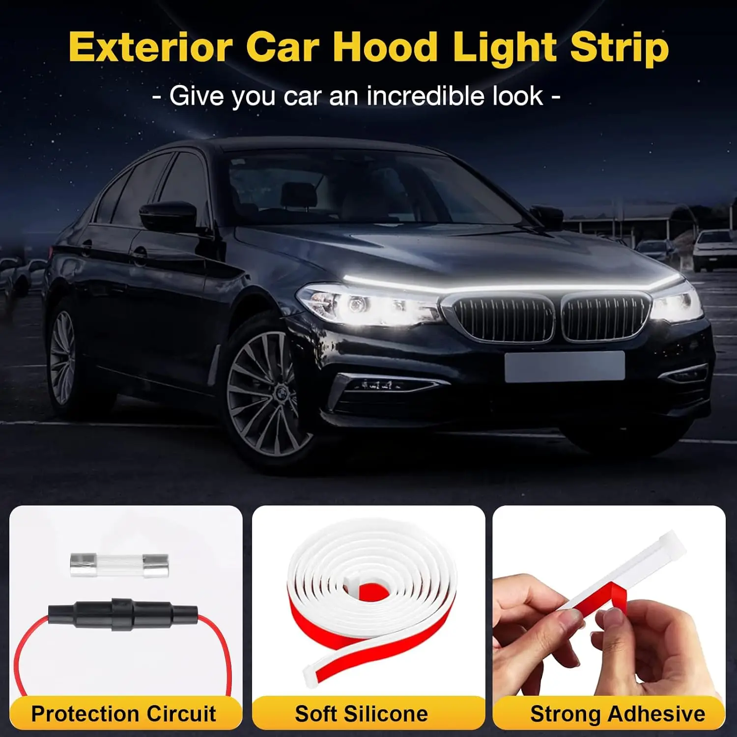 180cm LED-Tagfahrlicht für Auto-Motorhaube, Dekorative Beleuchtung, DRL 12V, Ambiente-Lichtleiste für Motorhaube – Detail 5