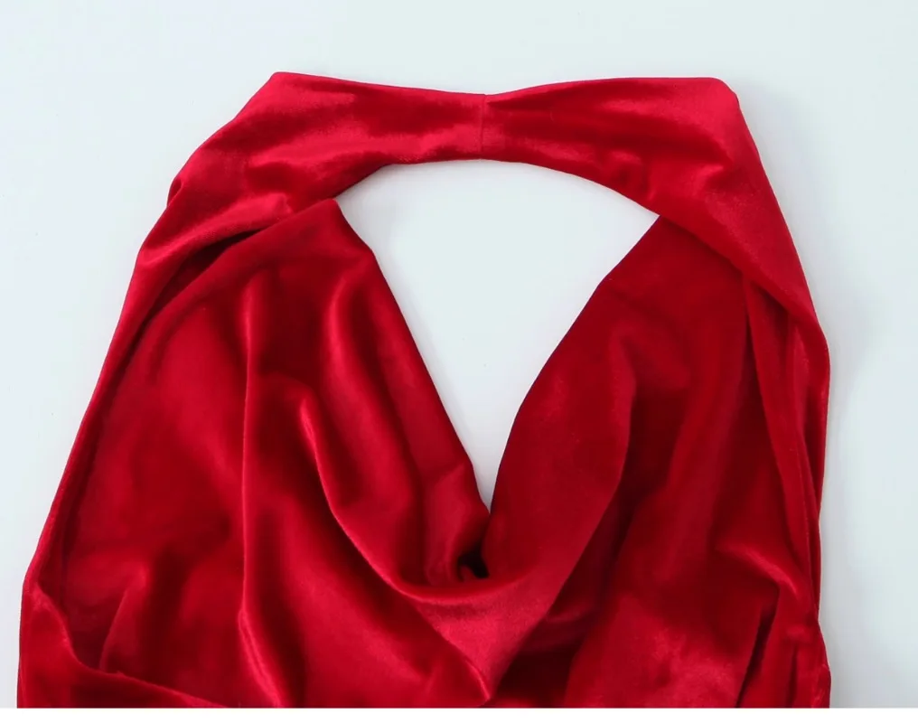 Topenomi, vestidos de noche sexis de terciopelo con cuello Halter rojo para mujer, vestido largo de fiesta de banquete envuelto con cintura ajustada y espalda descubierta con temperamento francés