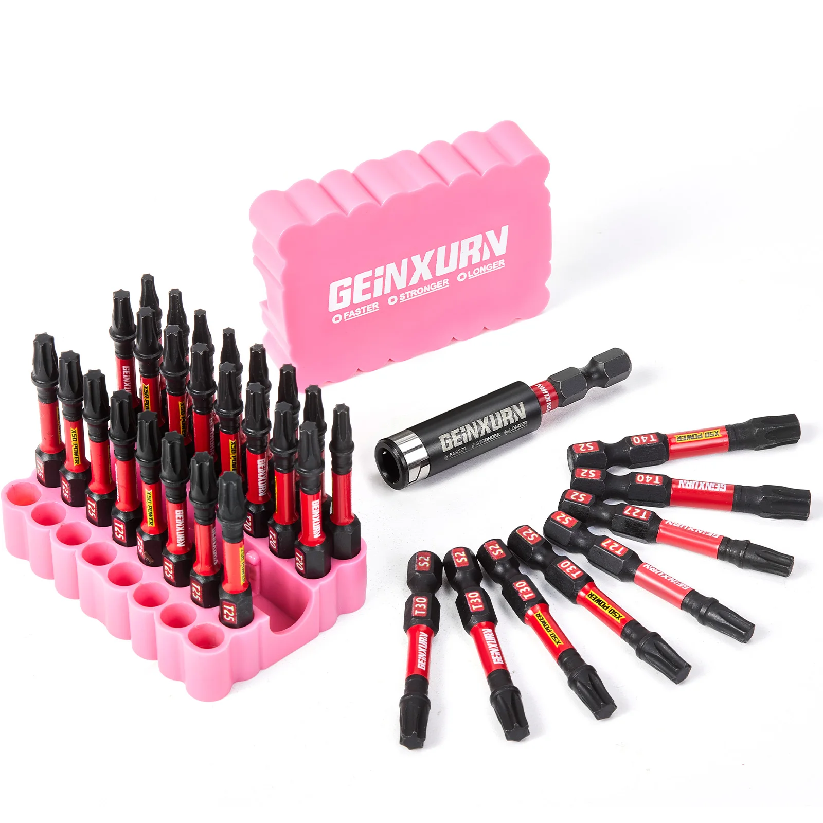 

Geinxurn Impact Torx Screwdriver Bits Set, 33Pcs 2”Magnetic S2 Steel and 1 Pc Bit Holder with Pink Soft Base