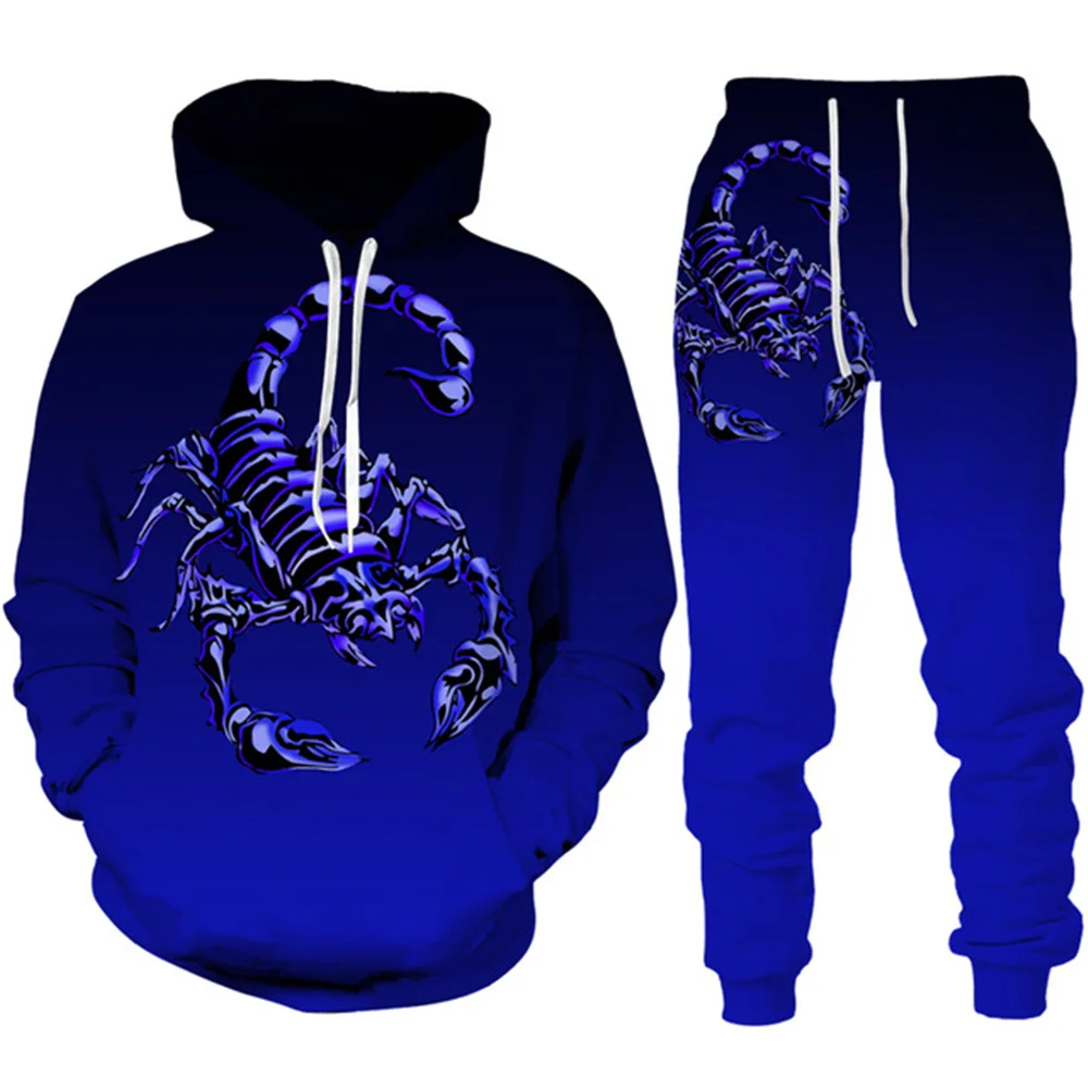 Ensemble de survêtement unisexe imprimé scorpion 3D pour hommes et femmes, sweat à capuche, vêtements de sport, vêtements trempés, 2 pièces