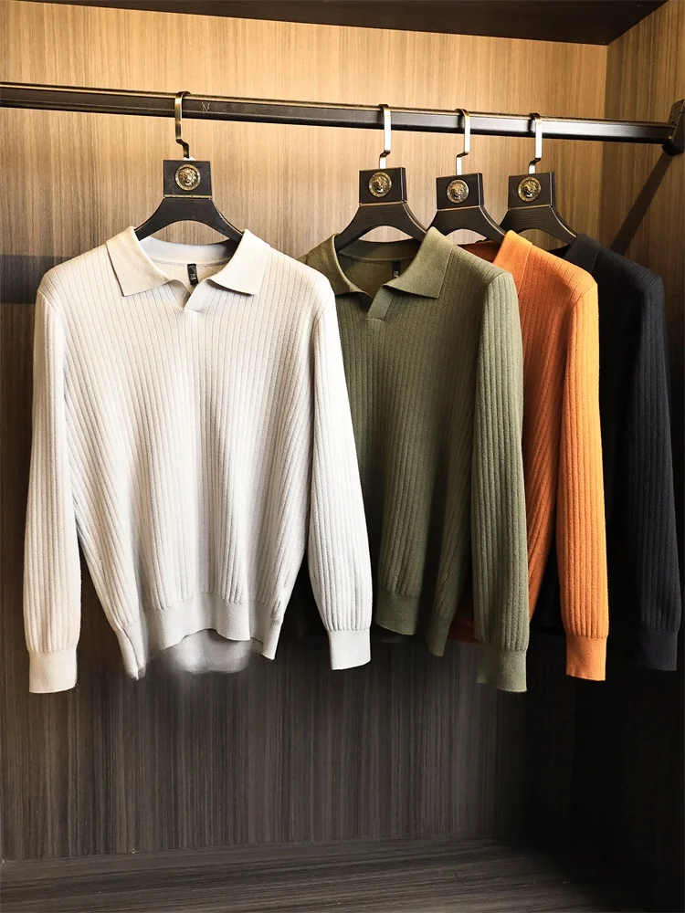 

High-End Knitted Faion Sweater Men's Color Camere Feel Flower Pattern Collared Long Sve Autumn Winter Top