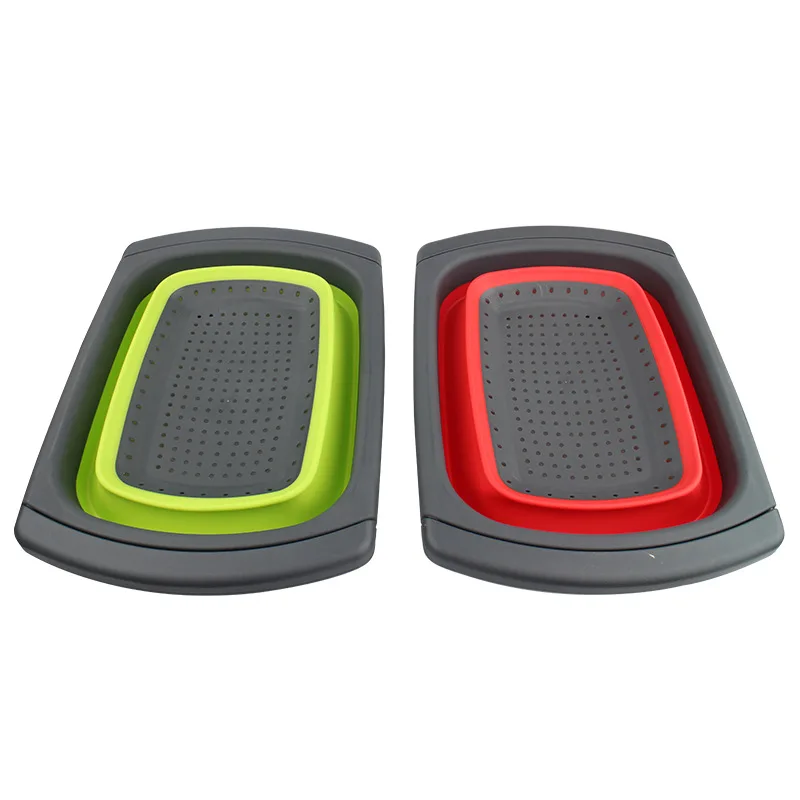 Retractable Drain Basket Folding Fruit Basket Stretching Rectangular Storage Rubber Plastic Vegetable Washing Kitchen Gadgets