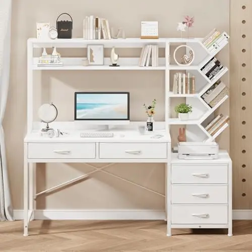 Reversible Computer Desk with Hutch, Home Office Desk with 5 Drawers and Bookshelf, 52'' Study Writing Desk with