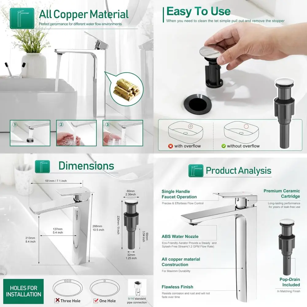 

Chrome Single Handle Tall Vessel Sink Faucet with Supply Lines and Pop-Up Drain for Bathroom Vanity