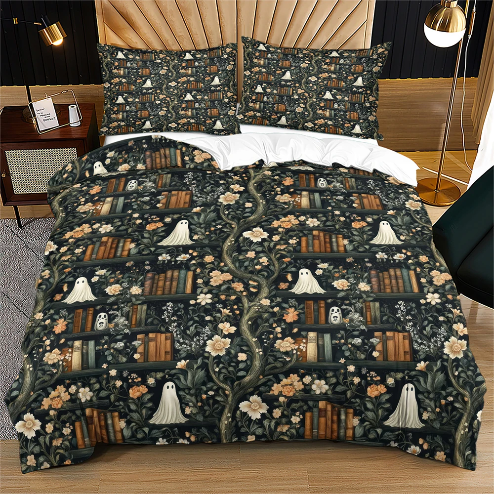 Dark Cottagecore Ghost Bookshelf Duvet Cover Set Vintage Floral Spooky Ghost Book Lovers Bedding Set Twin / Full / Queen / King