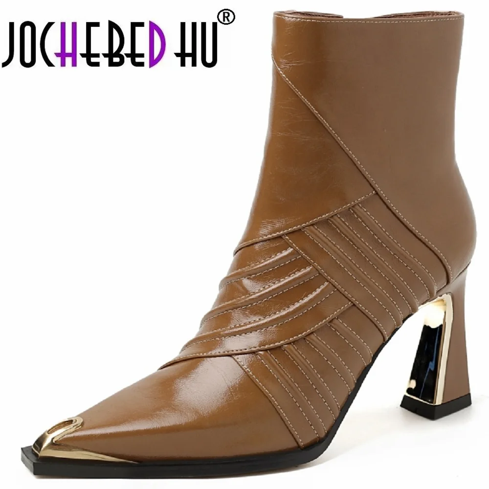

【JOCHEBED HU】New Women Handmade Genuine Leather Ankle Boot Short Pointed Toe Thin High Heels Winter Modern Ladies Shoes 33-40