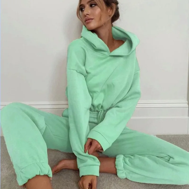 Women Tracksuit Set Solid Long Sleeve Sport Suits Autumn Winter Warm Hooded Sweatshirts And Jogger Pants Two Piece Set