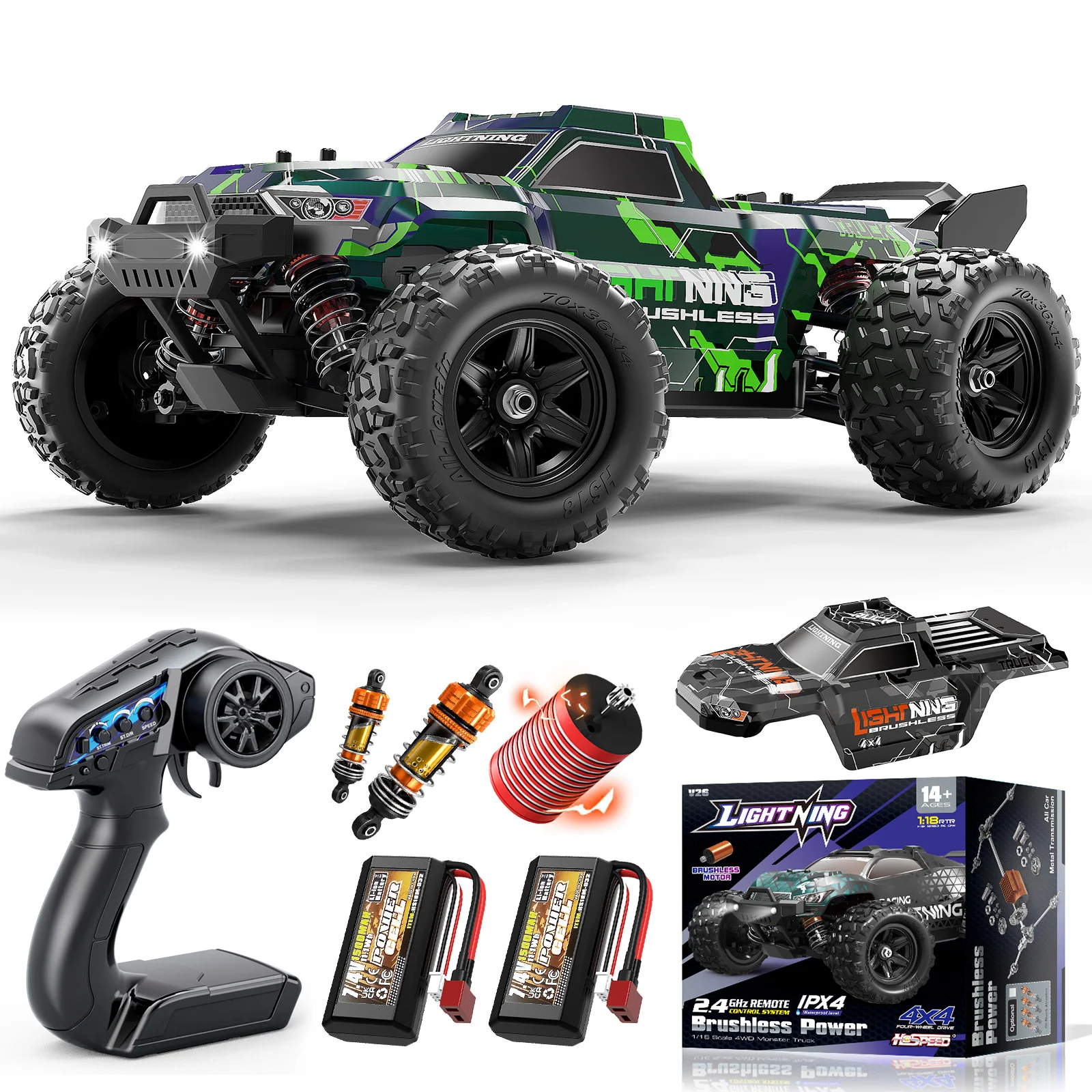 Momhs18-51max 1:18 Bürstenloser 4WD RC-Truck für Erwachsene & Kinder ab 10 Jahren, Offroad RTR Truck mit ölgefüllten Stoßdämpfern, Vollmetall-Antriebsstrang, 2 Trommeln & 2 Karosserien