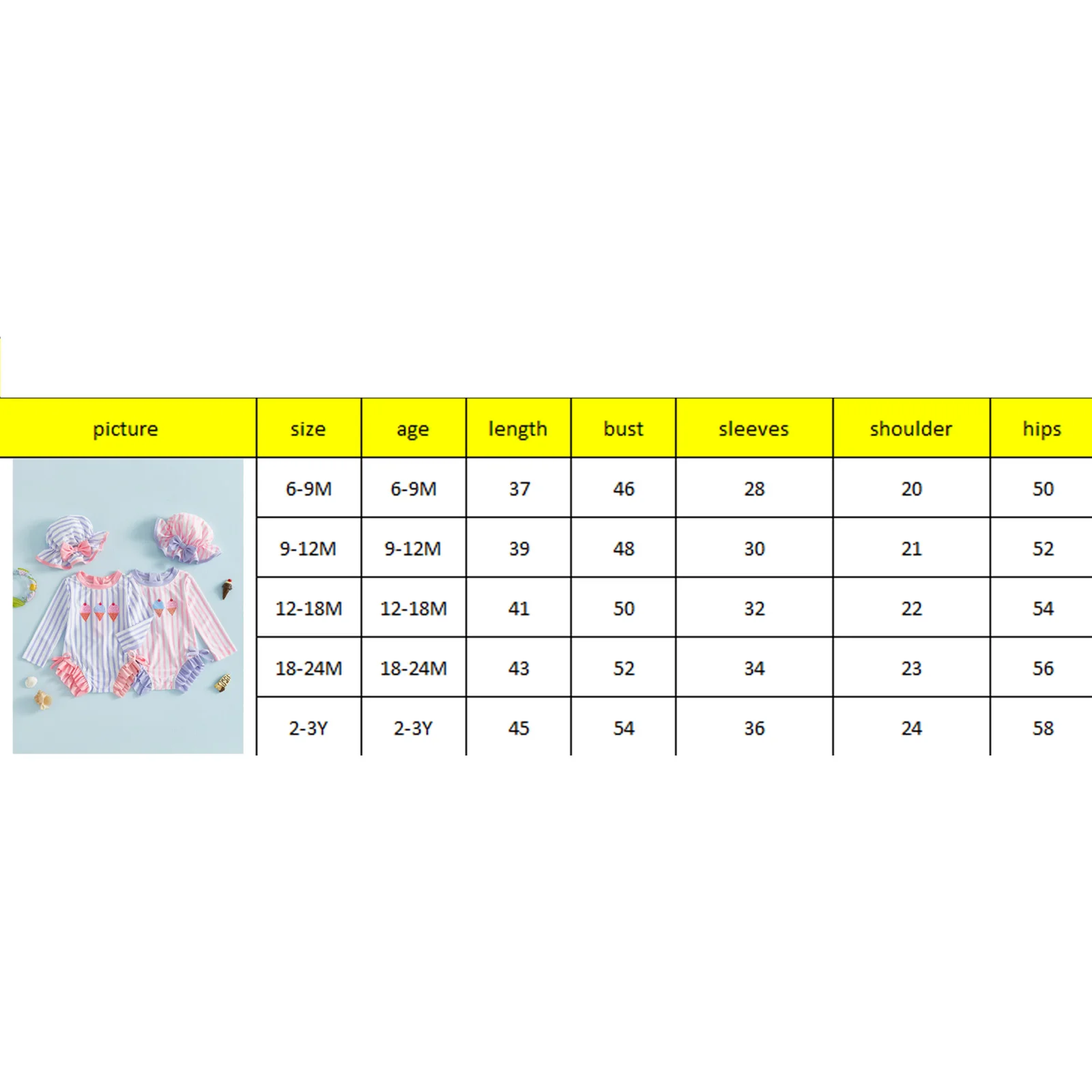 FOCUSNORM 0-3Y Toddler Baby Girls Rash Guard Swimsuit Long Sleeve Ice Cream Embroidery Ruffled Swimwear with Hat for Beach