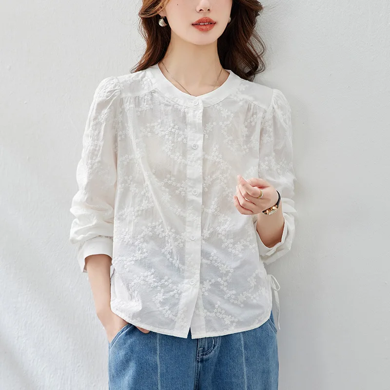 Ele puro algodão longo sve redondo ne bordado irt feminino faion outono wear nova sle ladylike blusa de algodão