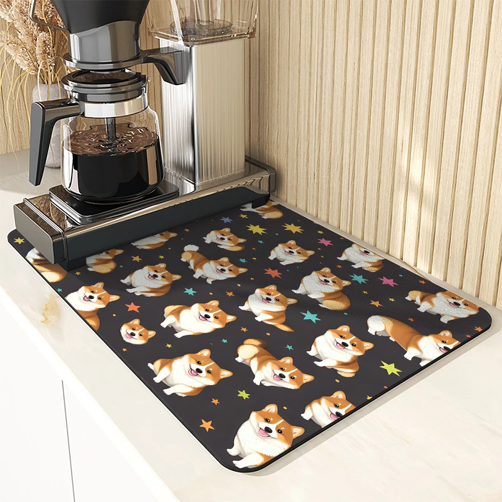 Absorbent Mat Animal Corgi Dog Kitchen Antiskid Drying Mat Quick Dry Bathroom Drain Pad Tableware Mat