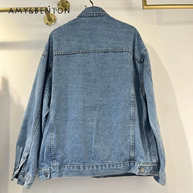

Y2k Loose Slimming Long Sleeves Top Single-Breasted Jeans Jacket Heavy Industry Colorful Letter Rhinestone Y2k Denim Coat Ladies