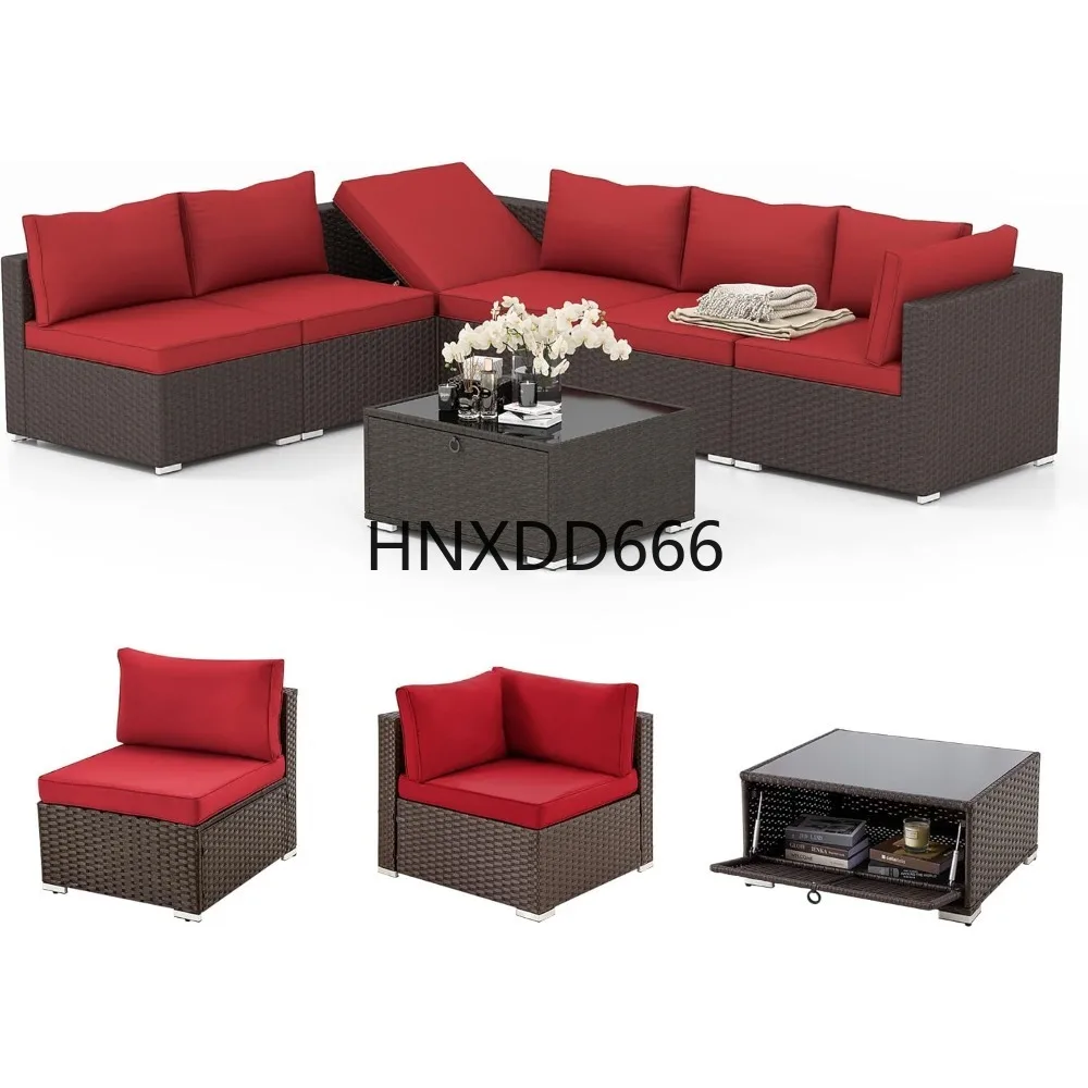 

7 Pieces Outdoor Sectional Sofa PE Rattan Wicker Patio Conversation Set, w/Wood Plastic Composites Table for Garden, Lawn, Pool