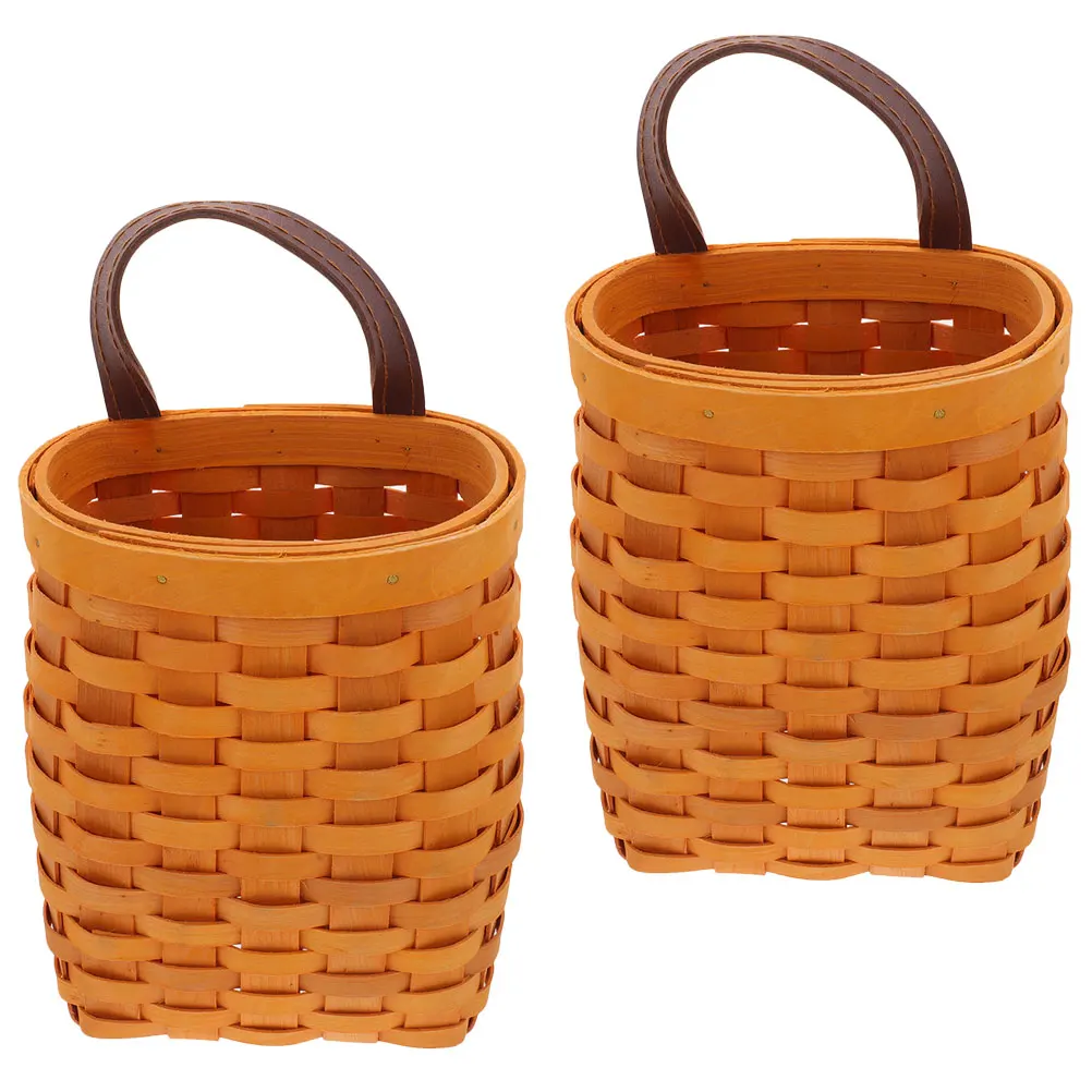 

2pcs Wooden Storage Basket Woven Hanging Decor Small Kitchen Organizer Fruit Vegetable Mount PU Wood for Home