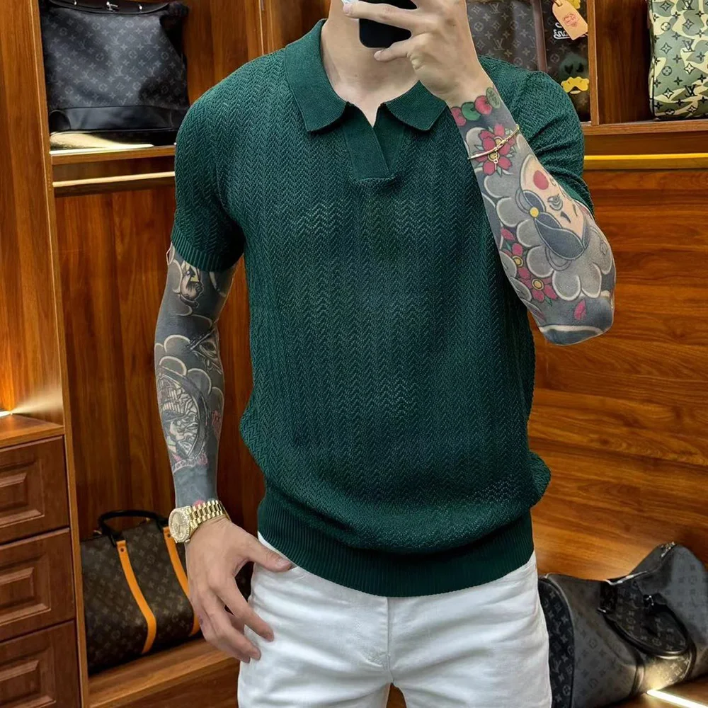 Mens Perspective Casual Cotton Knitted T-Shirt Daily Breathable Versatile Solid Color Simple Comfortable Elastic Top 2024 Summer