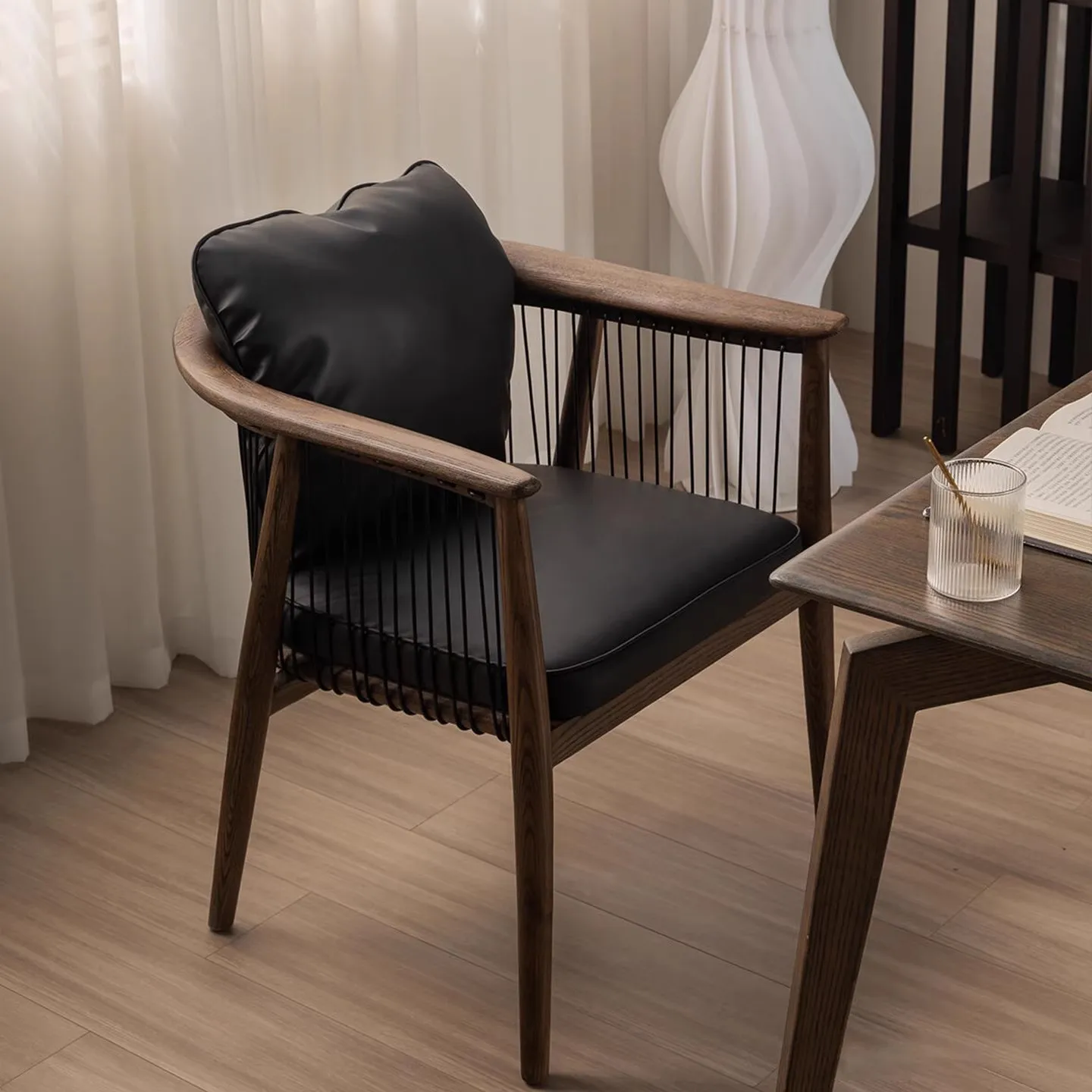 Solid wood armrest dining chair tea table chair rope leisure back chair