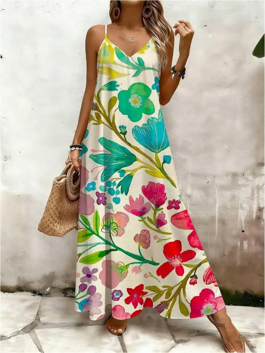

Elegant Floral Print V-Neck Sleeveless Long Dress For Women Summer Lightweight Flowing Maxi Dress
